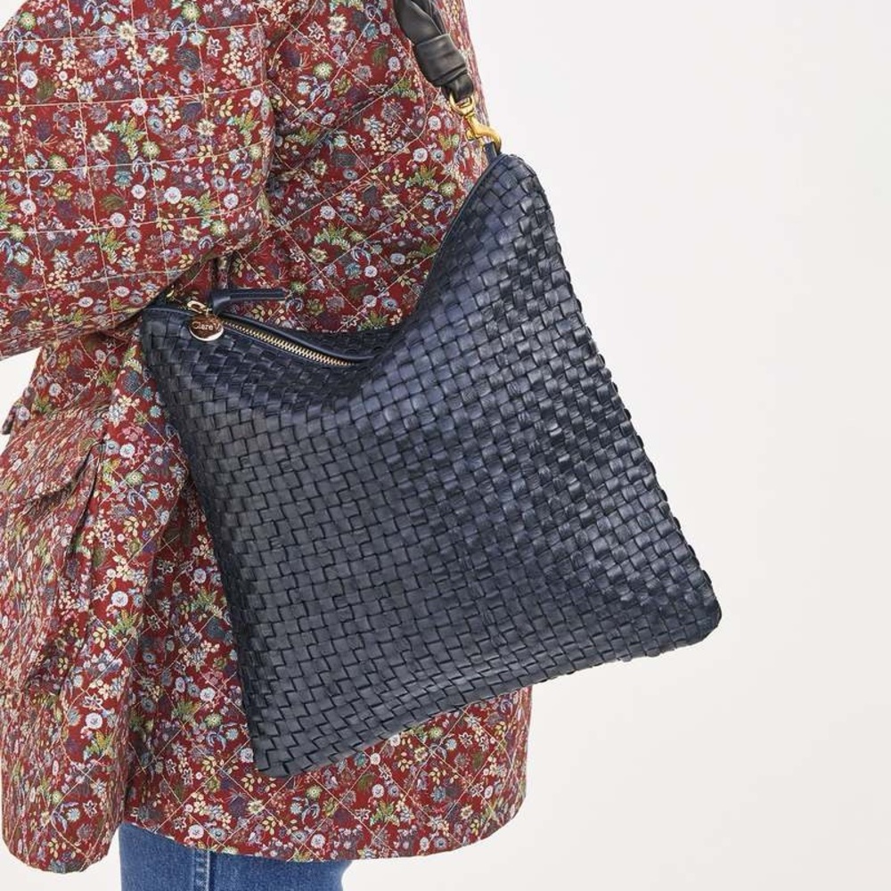 Clare V. Twilight Dark Blue Woven Checker Folded Clutch with Tabs